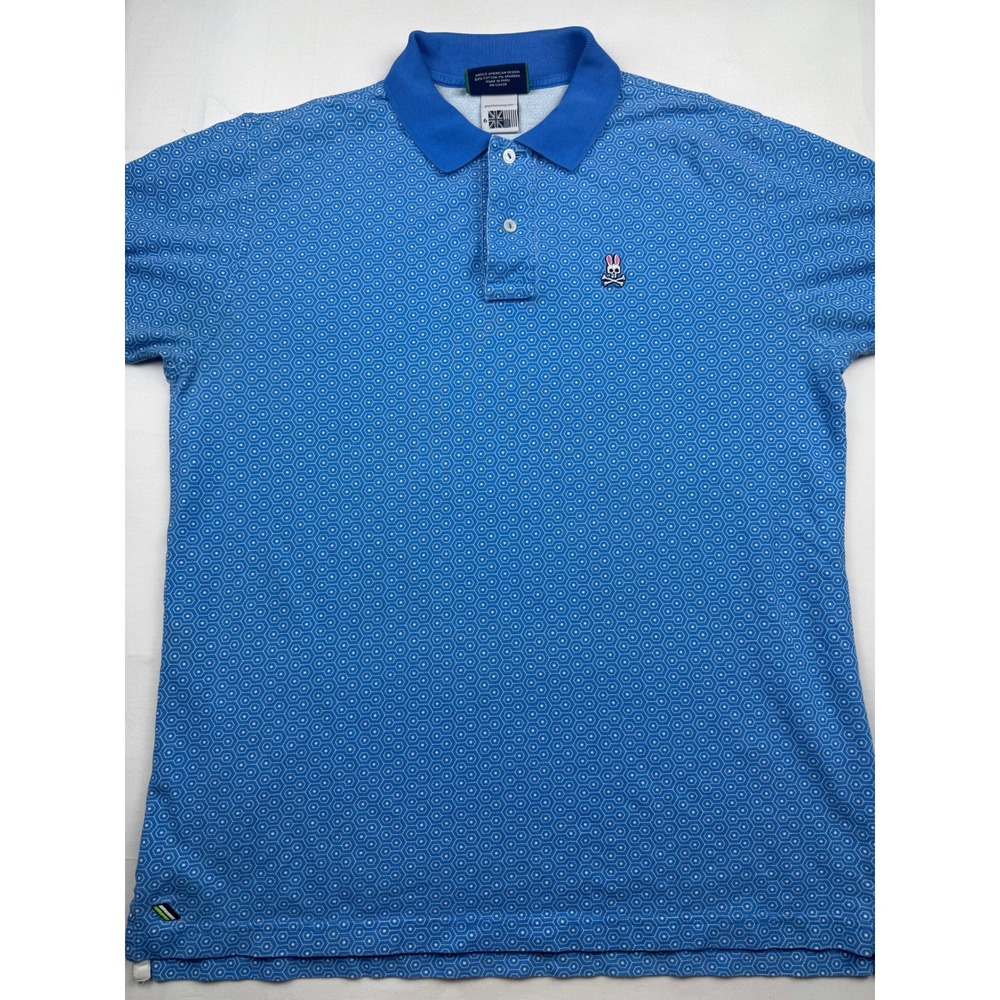 Psycho Bunny Polo Shirt Size 6 Blue Geometric Honeycomb Short Sleeve CottonBlend